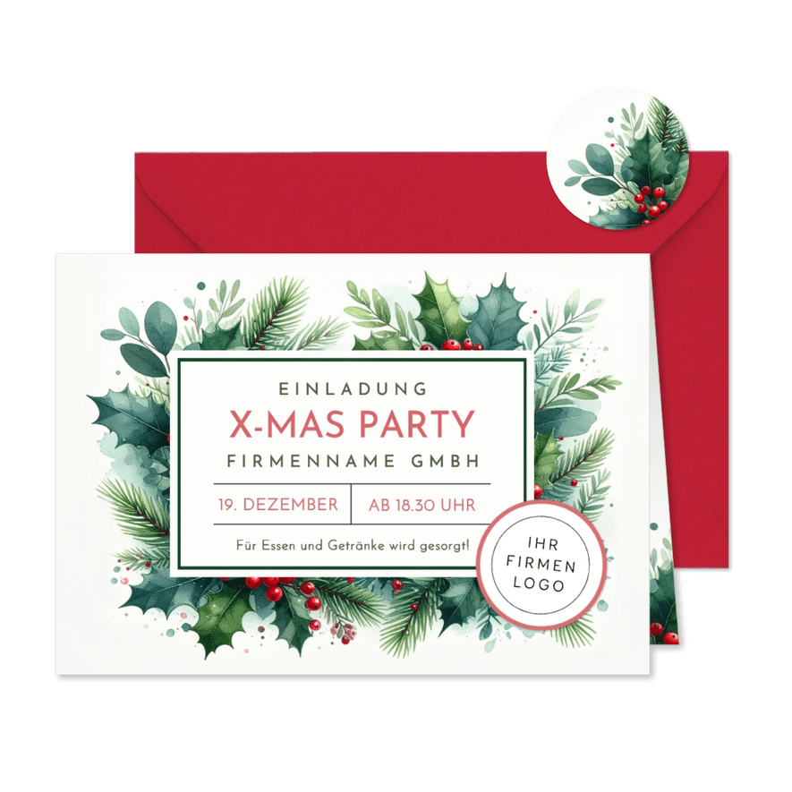 Weihnachtsfeier Einladungskarte Firma botanisch Aquarell - Kartenvorschau