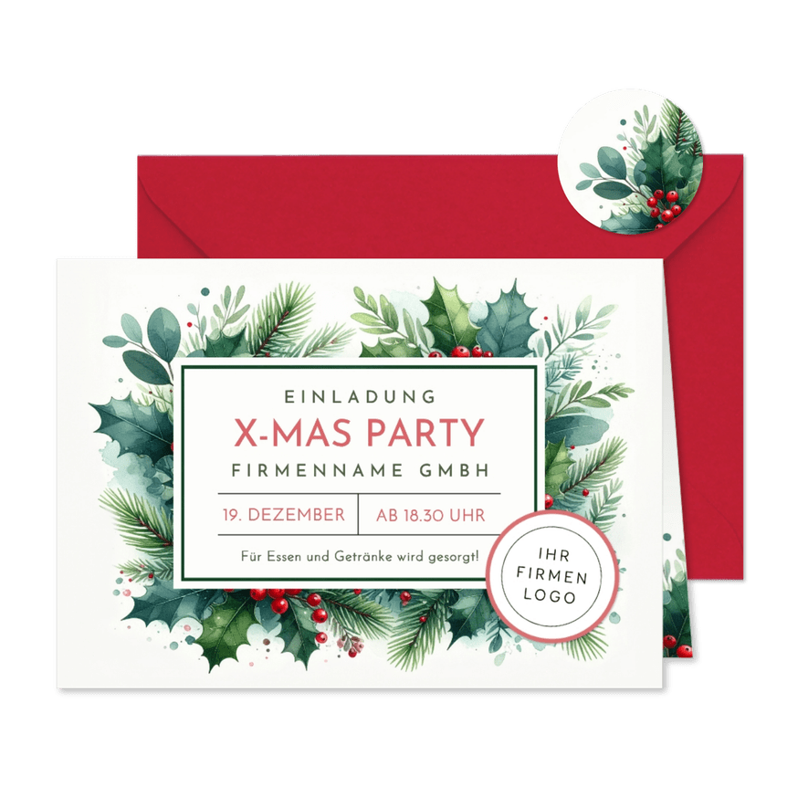 Weihnachtsfeier Einladungskarte Firma botanisch Aquarell - Karteneindruck
