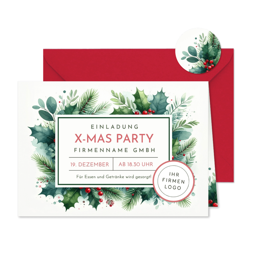 Weihnachtsfeier Einladungskarte Firma botanisch Aquarell - Karteneindruck