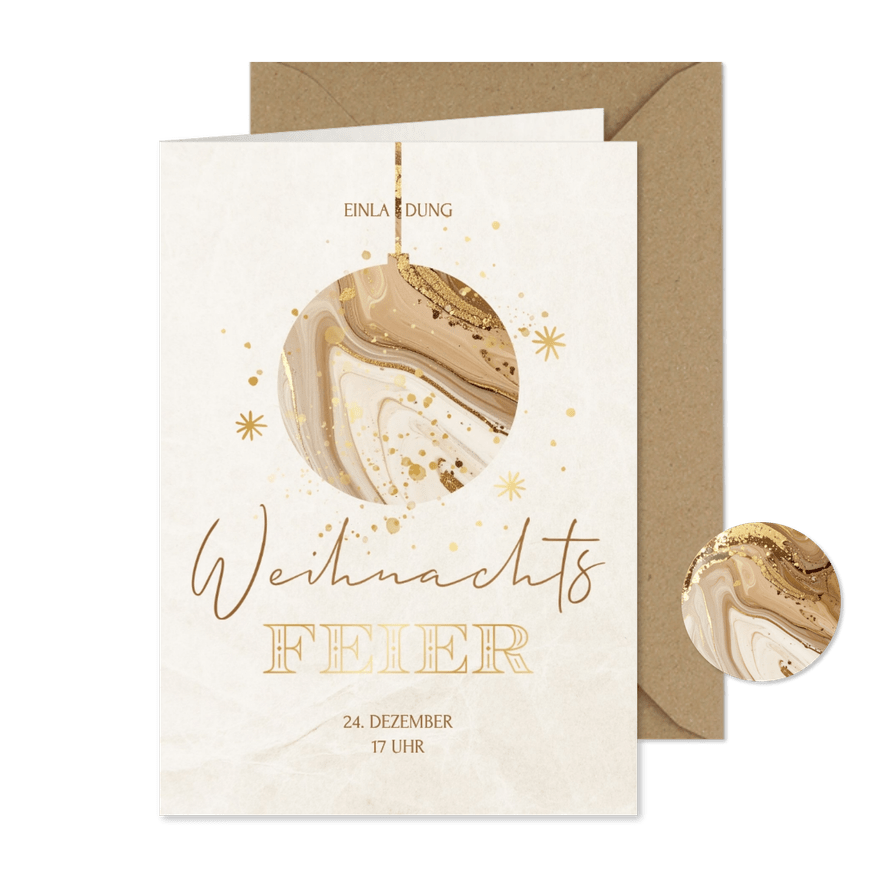 Weihnachtsfeier Einladungskarte Mamor Weihnachtskugel beige - Kartenvorschau
