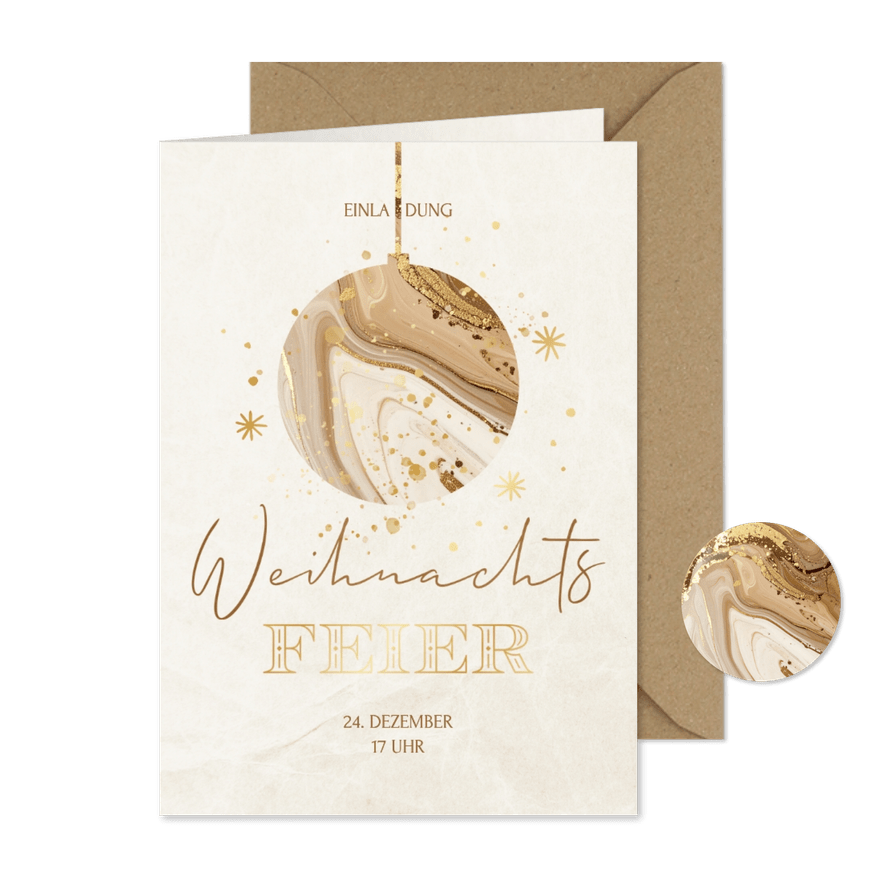 Weihnachtsfeier Einladungskarte Mamor Weihnachtskugel beige - Karteneindruck
