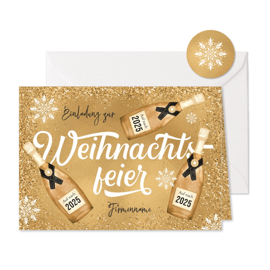 Weihnachtsfeier Firma Einladung mit Sektflaschen - Karteneindruck
