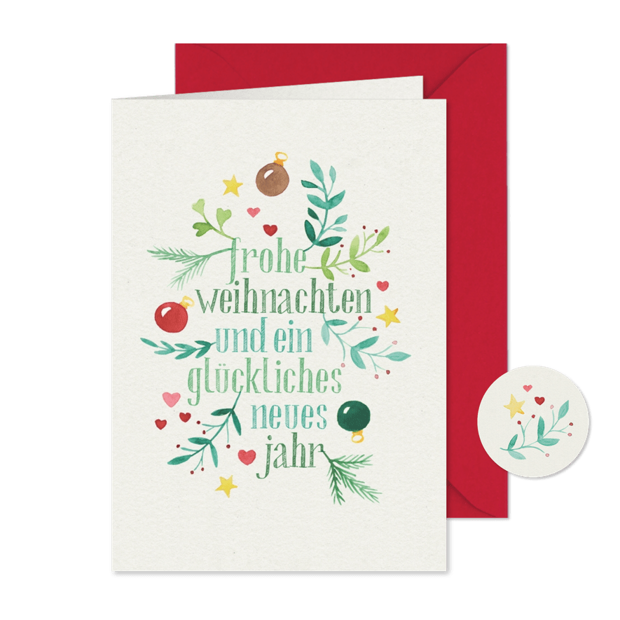 Weihnachtsgrüße Aquarell Zweige & Weihnachtskugeln - Karteneindruck