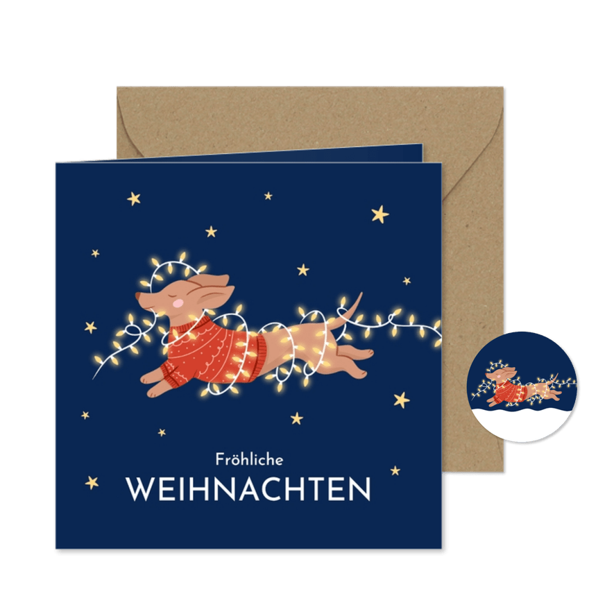 Weihnachtsgrüße Dackel mit Lichterkette - Karteneindruck
