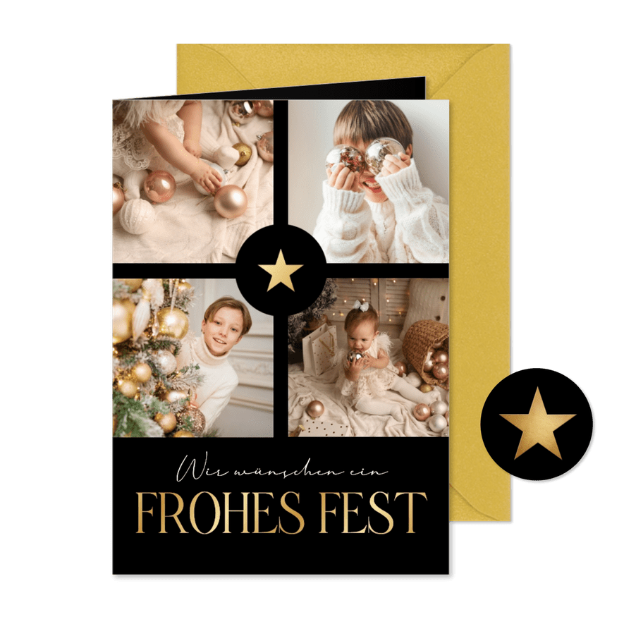 Weihnachtsgrüße Fotocollage Goldschrift auf Schwarz - Karteneindruck