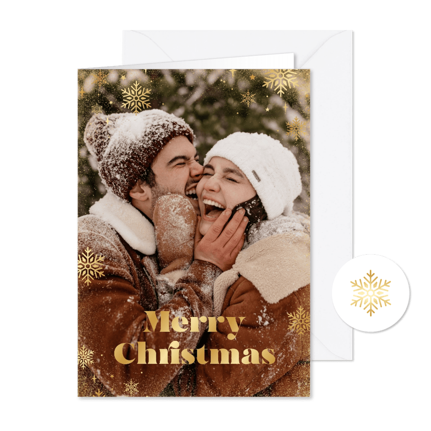 Weihnachtsgrüße großes Foto goldene Schneeflocken - Karteneindruck