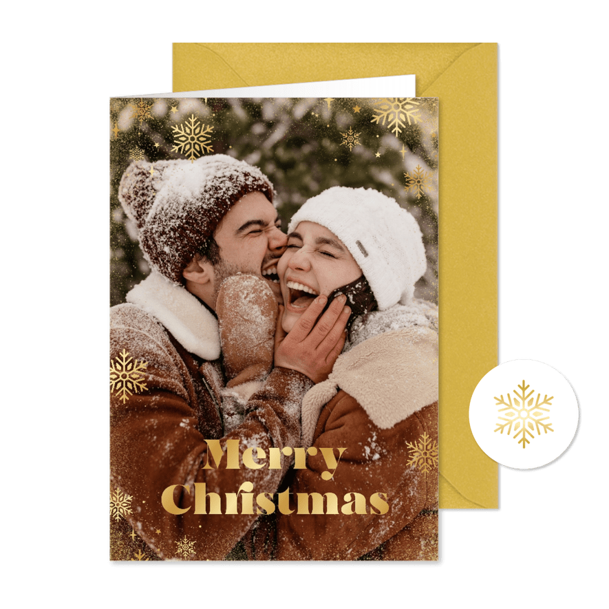 Weihnachtsgrüße großes Foto goldene Schneeflocken - Kartenvorschau