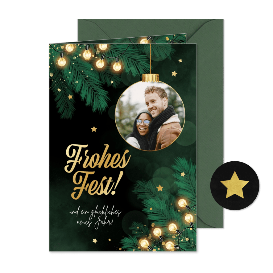 Weihnachtsgrüße Lichterkette, Weihnachtskugel mit Foto - Karteneindruck
