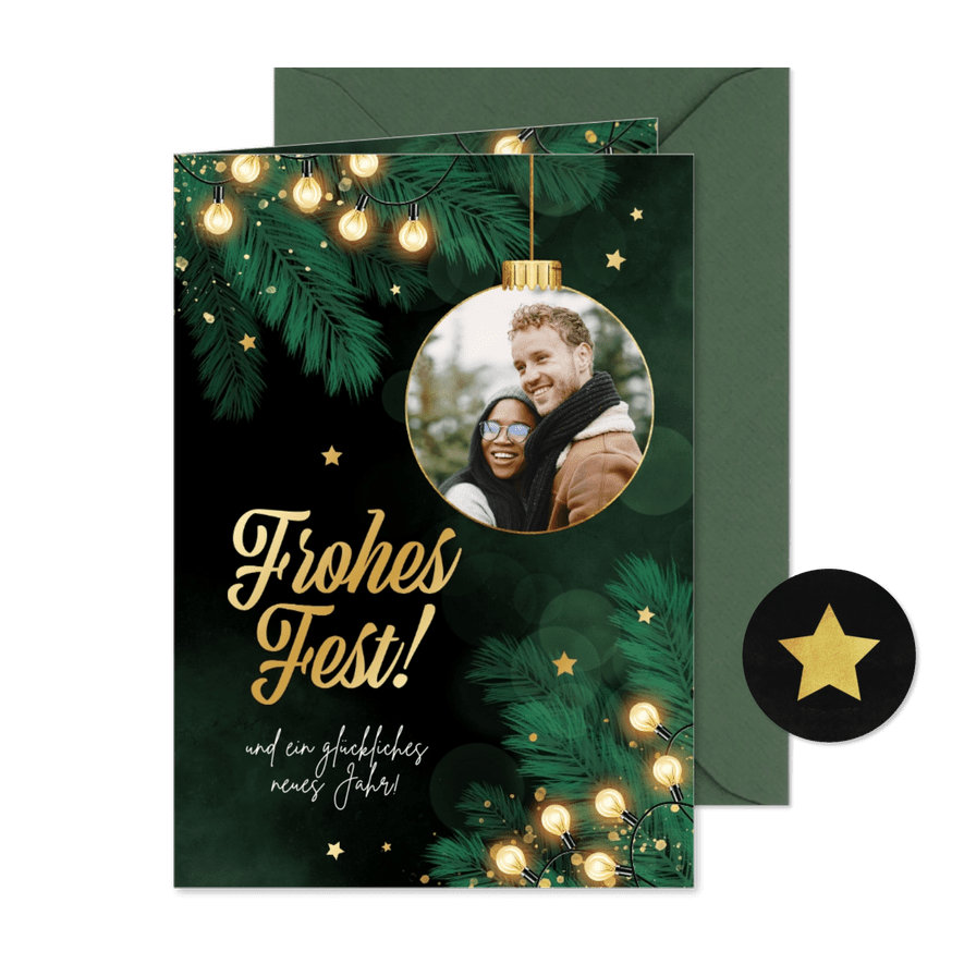 Weihnachtsgrüße Lichterkette, Weihnachtskugel mit Foto - Karteneindruck