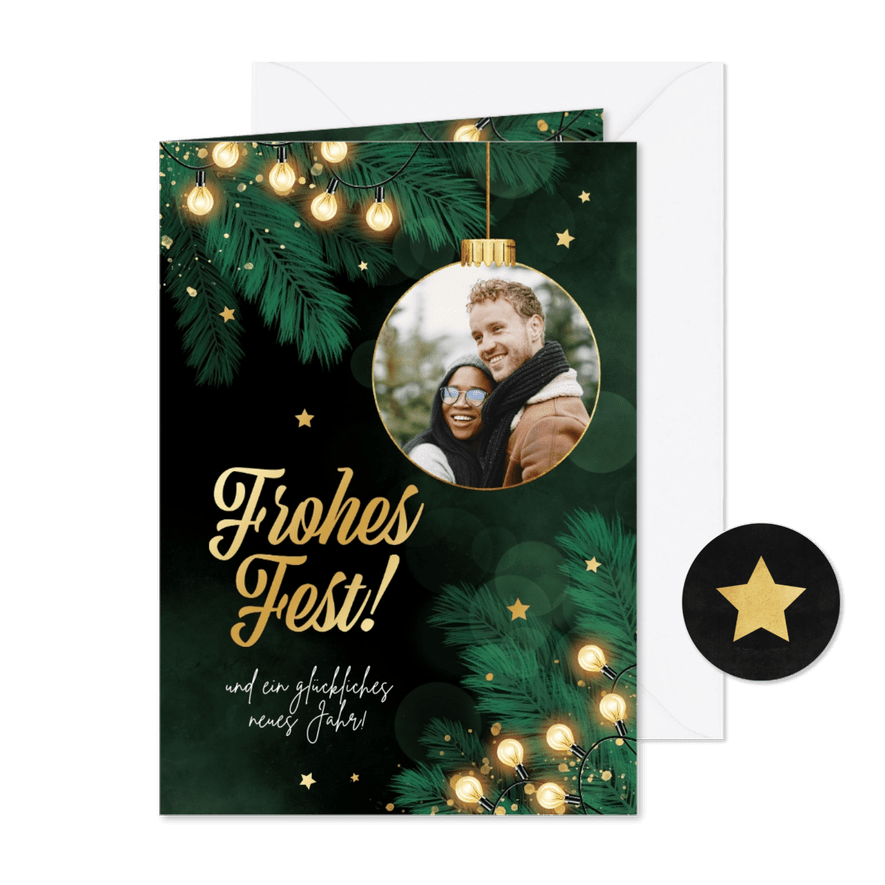 Weihnachtsgrüße Lichterkette, Weihnachtskugel mit Foto - Karteneindruck