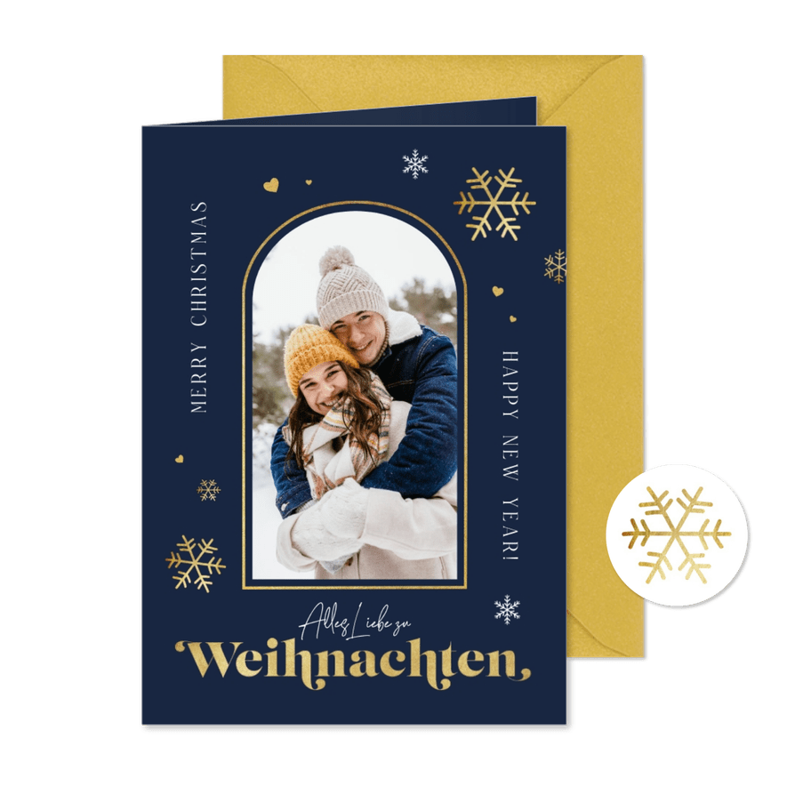 Weihnachtsgrüße mit Schneeflocken & Foto in Bogenrahmen - Karteneindruck
