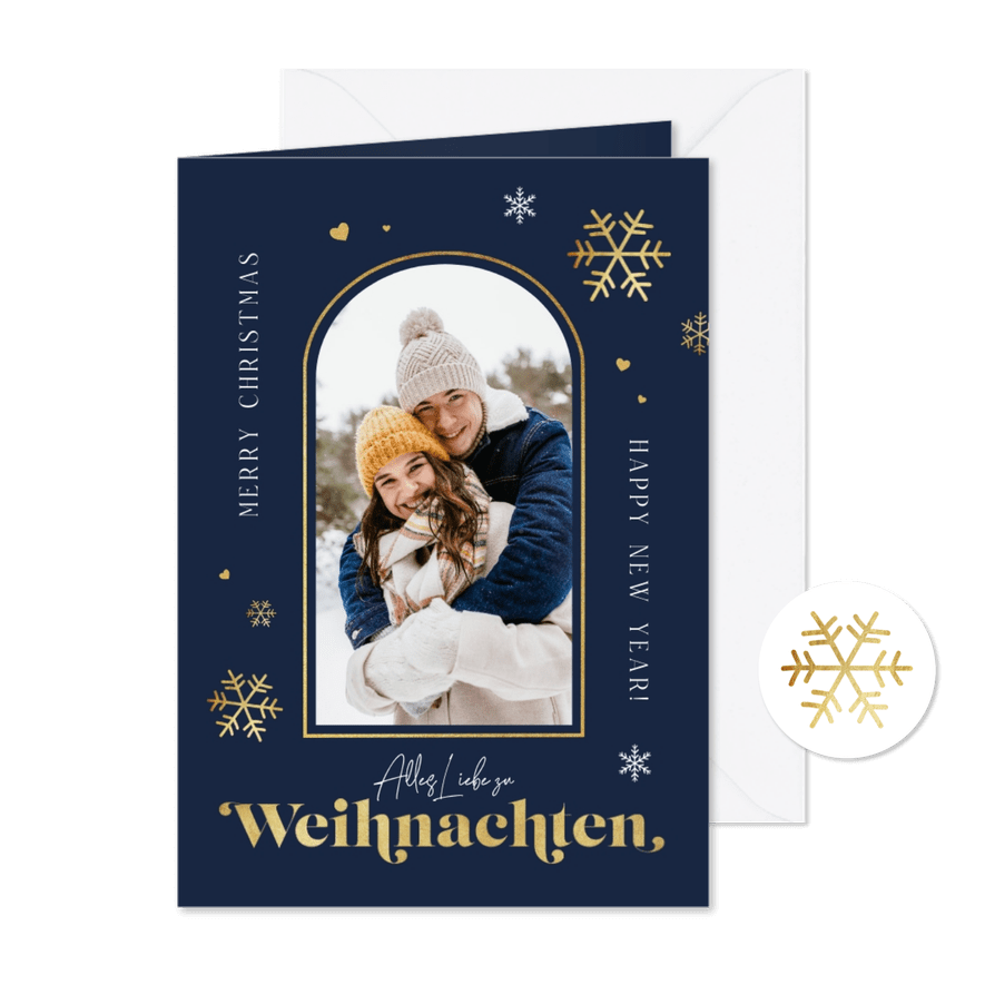 Weihnachtsgrüße mit Schneeflocken & Foto in Bogenrahmen - Karteneindruck