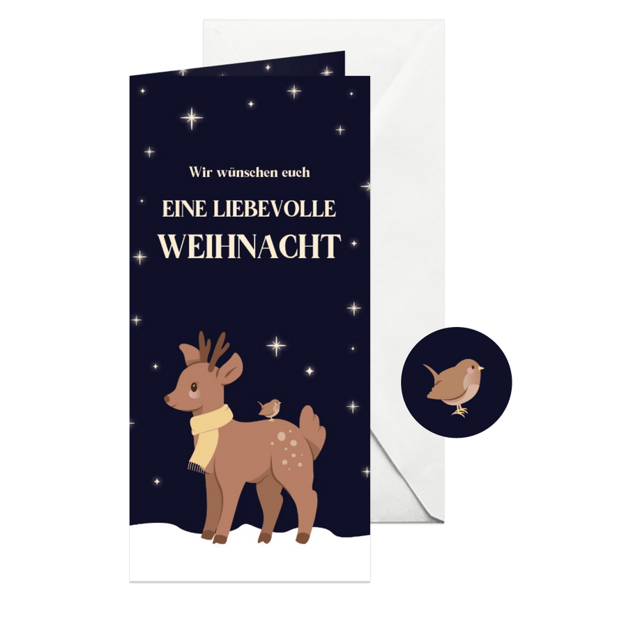 Weihnachtsgrüße Rentier & Vogel bei Sternenhimmel - Karteneindruck
