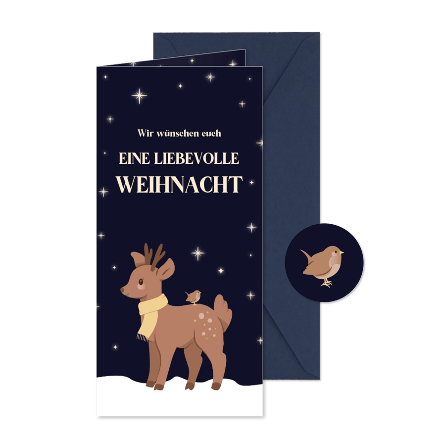 Weihnachtsgrüße Rentier & Vogel bei Sternenhimmel - Karteneindruck