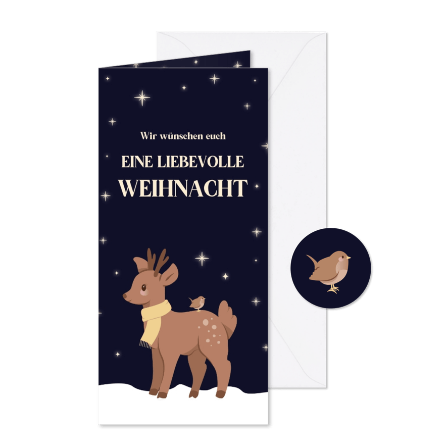Weihnachtsgrüße Rentier & Vogel bei Sternenhimmel - Karteneindruck