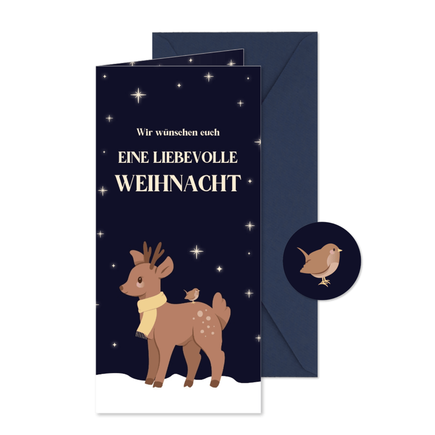 Weihnachtsgrüße Rentier & Vogel bei Sternenhimmel - Kartenvorschau