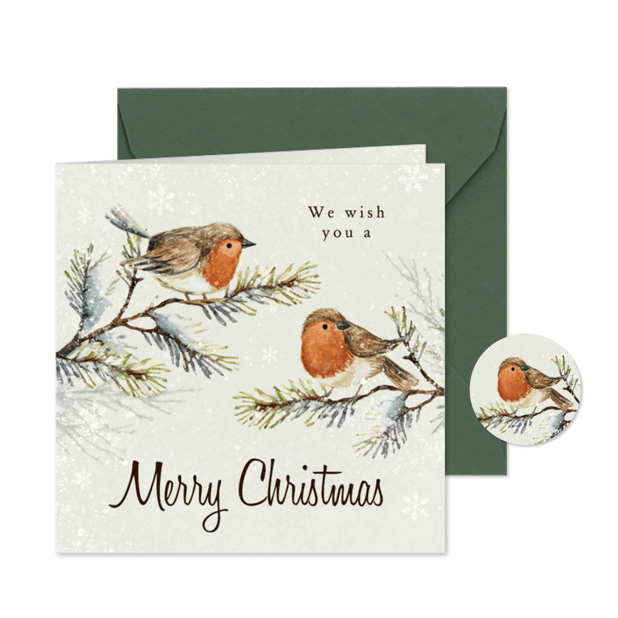 Weihnachtsgrüße Rotkehlchen auf Tannenbaum - Karteneindruck