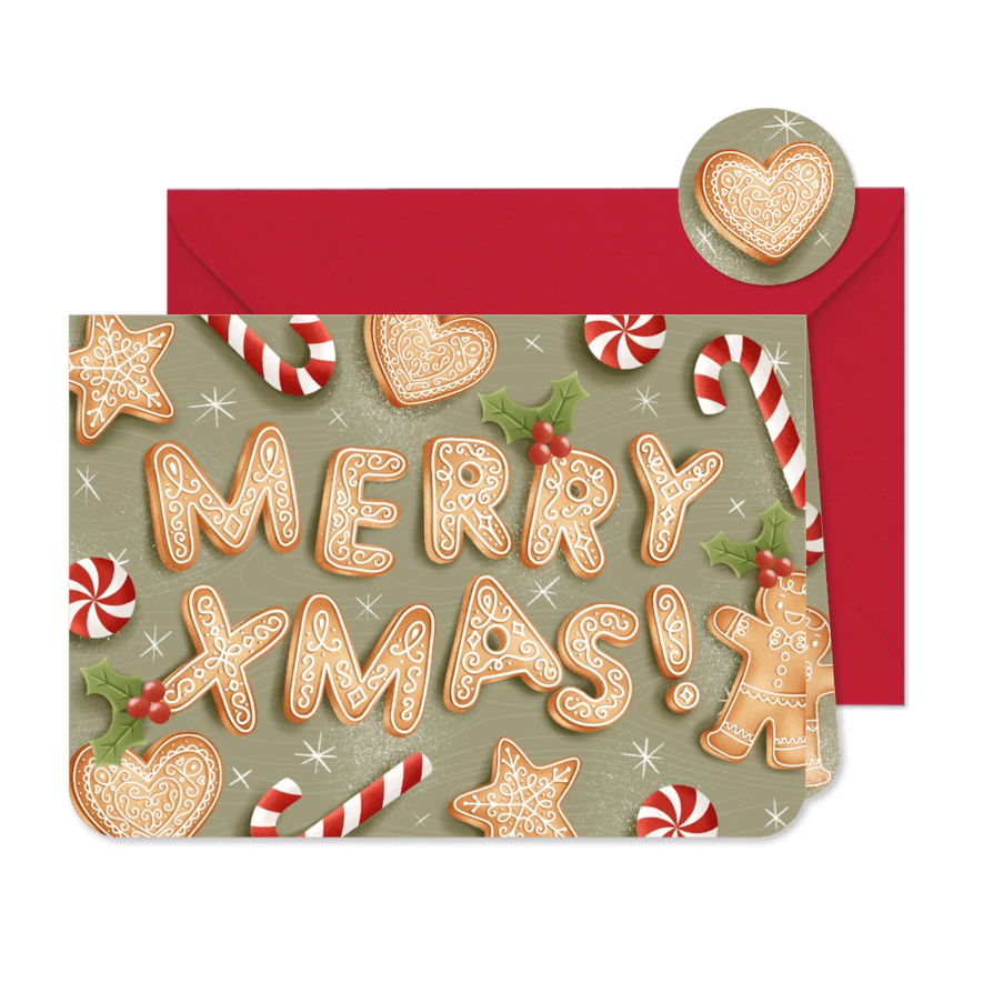Weihnachtsgrüße Schriftzug 'Merry Xmas' aus Plätzchen - Kartenvorschau