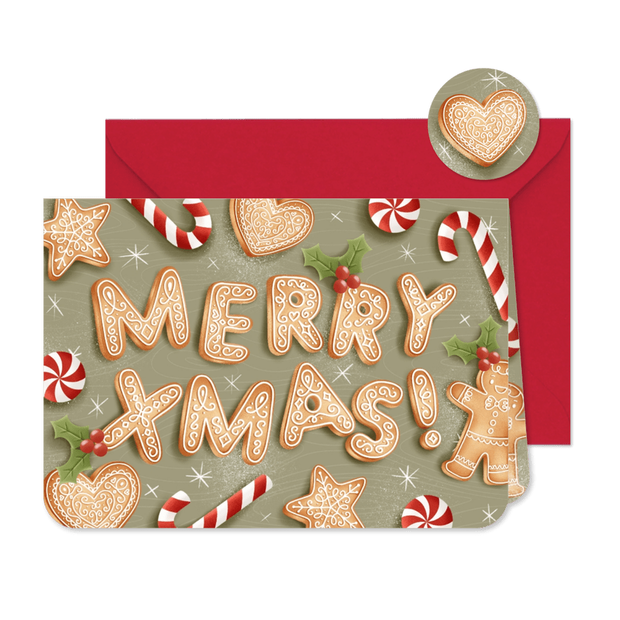 Weihnachtsgrüße Schriftzug 'Merry Xmas' aus Plätzchen - Karteneindruck