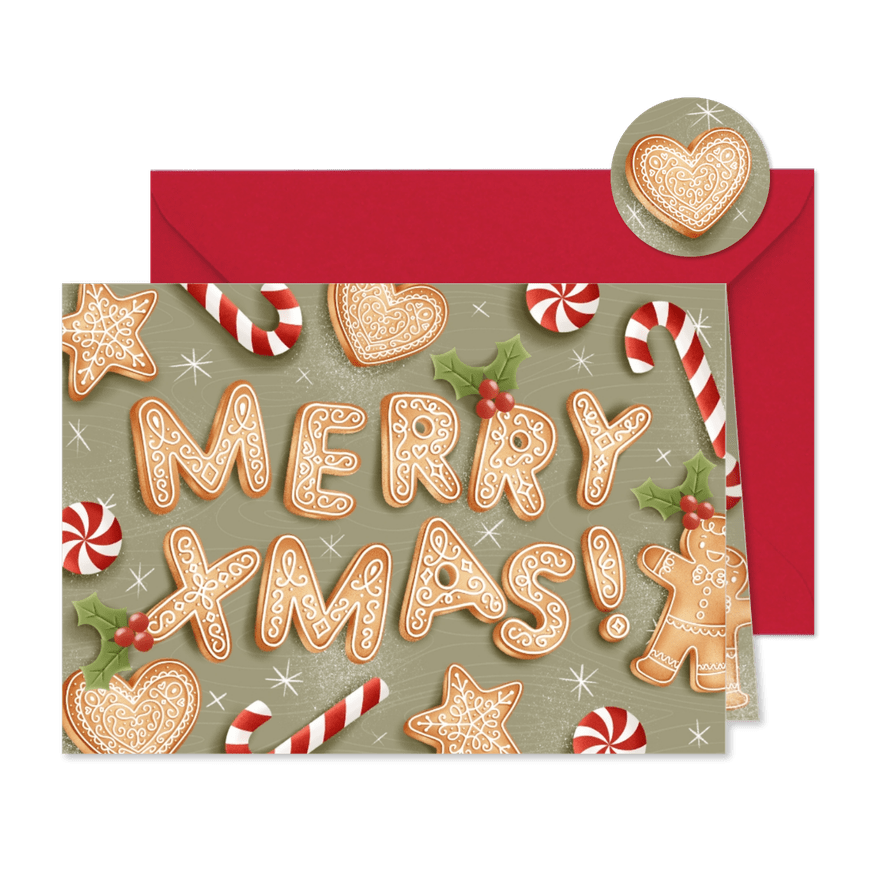 Weihnachtsgrüße Schriftzug 'Merry Xmas' aus Plätzchen - Karteneindruck