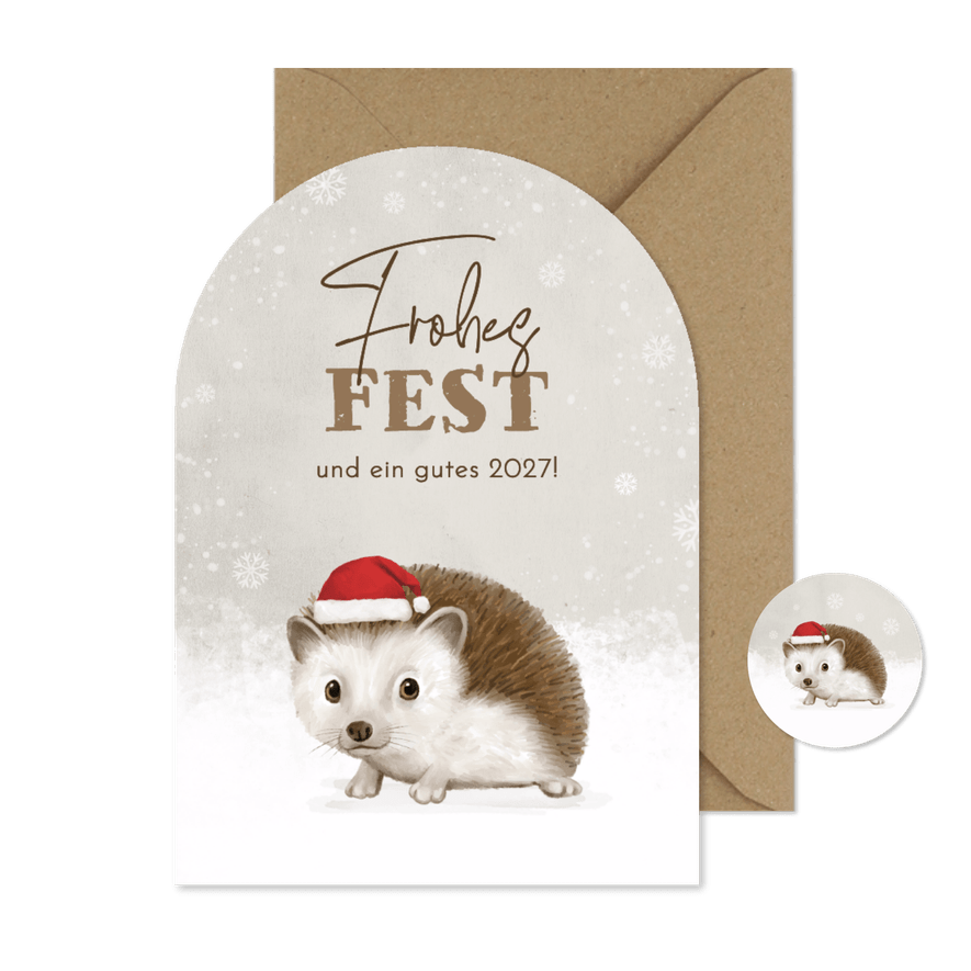 Weihnachtsgrußkarte Igel mit Mütze im Schnee Bogenkarte - Kartenvorschau