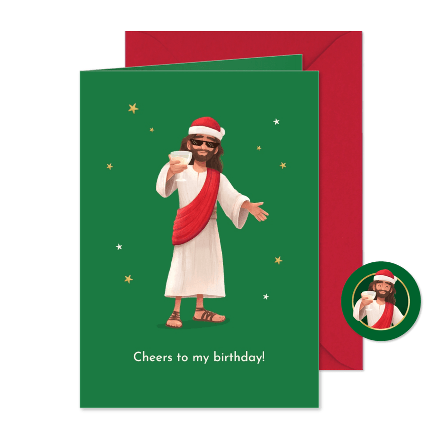 Weihnachtsgrußkarte Jesus 'Cheers to my Birthday' - Karteneindruck