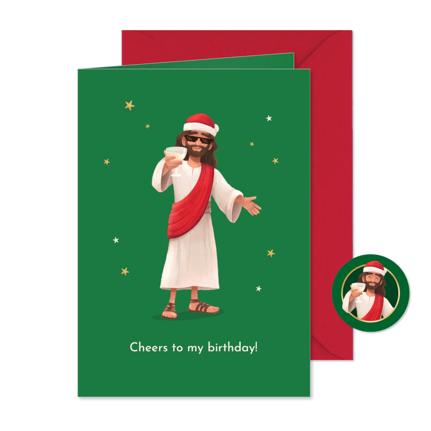 Weihnachtsgrußkarte Jesus 'Cheers to my Birthday' - Karteneindruck
