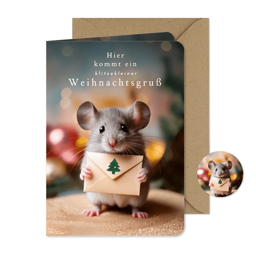 Weihnachtsgrußkarte kleine Maus mit Brief - Karteneindruck