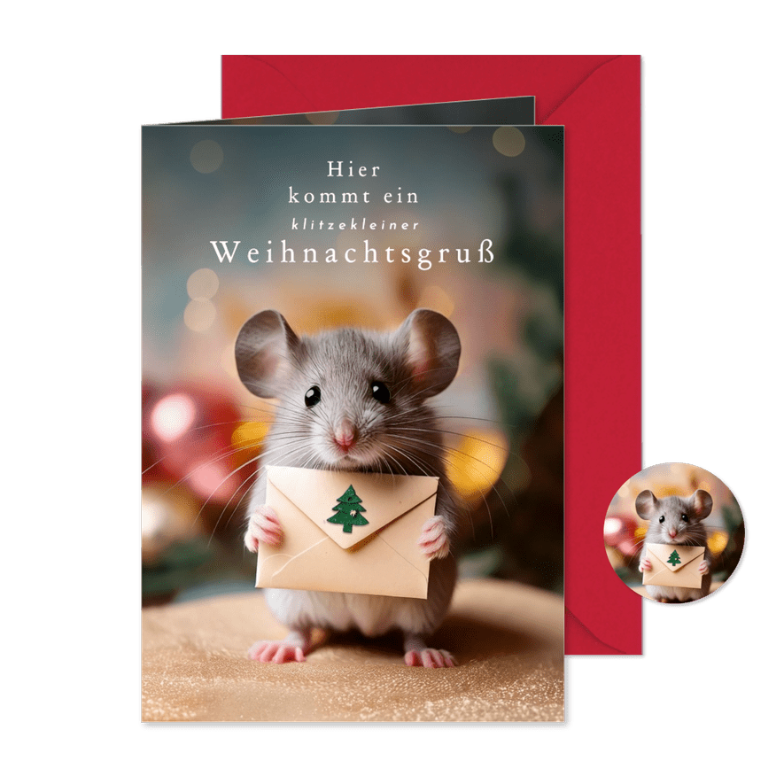 Weihnachtsgrußkarte kleine Maus mit Brief - Karteneindruck