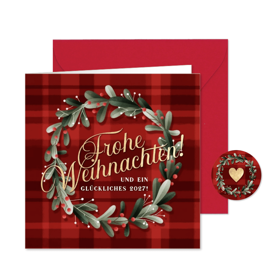 Weihnachtsgrußkarte Kranz auf Tartanmuster - Kartenvorschau
