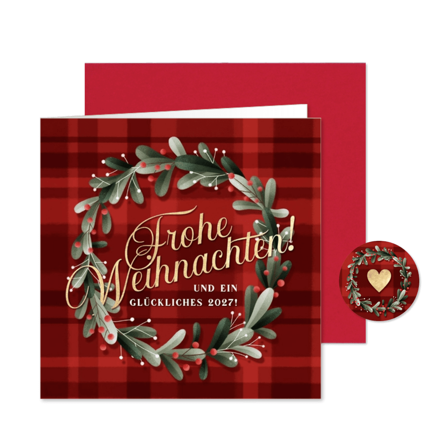 Weihnachtsgrußkarte Kranz auf Tartanmuster - Kartenvorschau