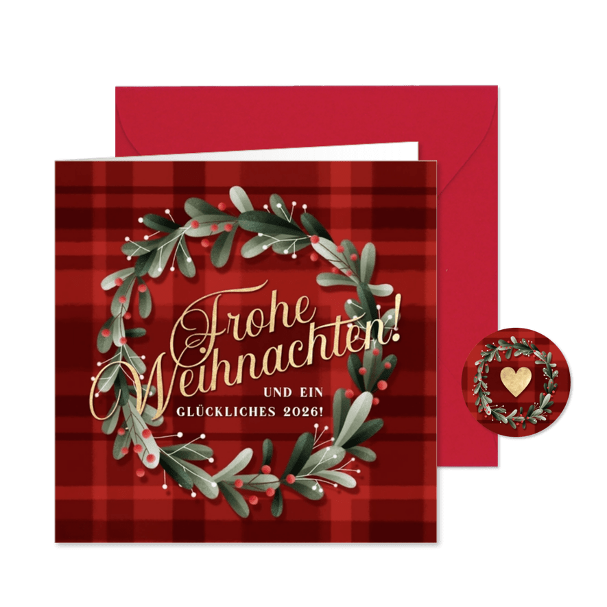 Weihnachtsgrußkarte Kranz auf Tartanmuster - Karteneindruck