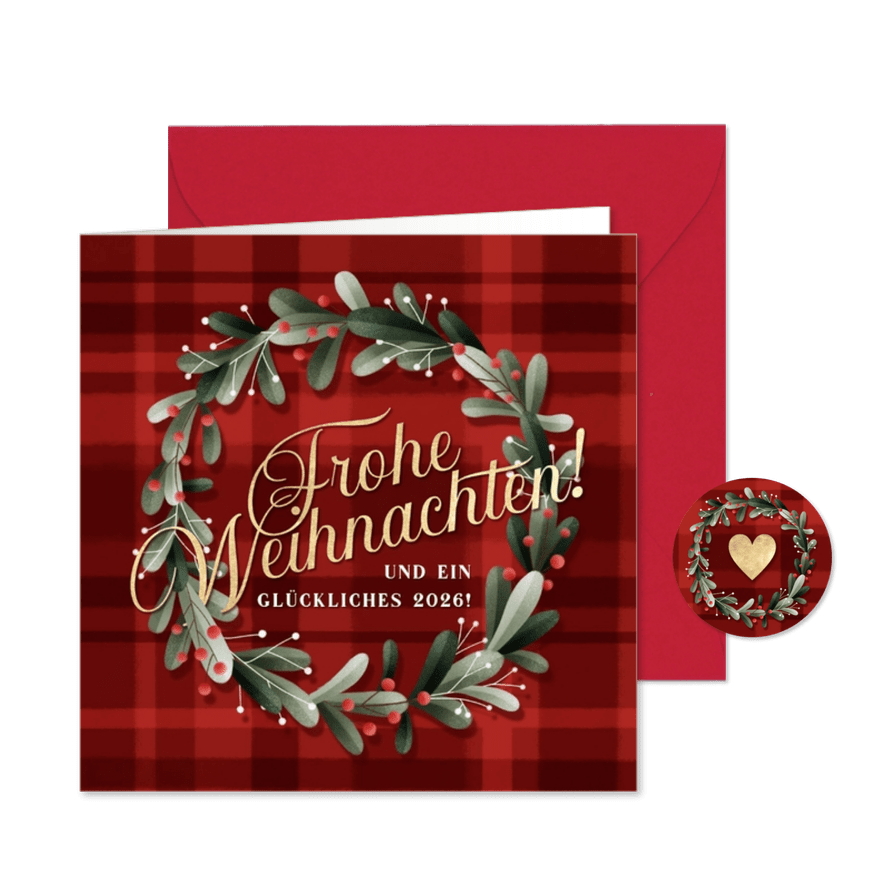 Weihnachtsgrußkarte Kranz auf Tartanmuster - Karteneindruck