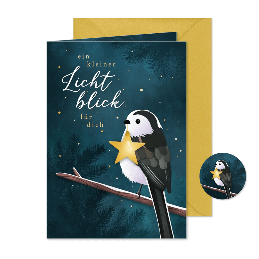 Weihnachtsgrußkarte 'Lichtblick' Vogel mit Stern - Karteneindruck
