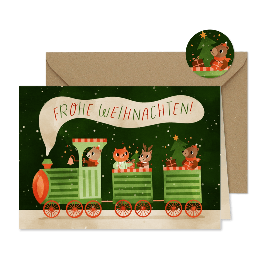 Weihnachtsgrußkarte lustiger Zug mit Tieren - Karteneindruck
