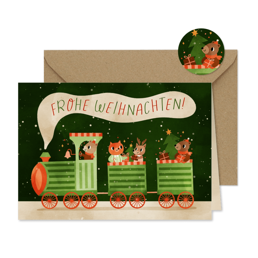 Weihnachtsgrußkarte lustiger Zug mit Tieren - Karteneindruck
