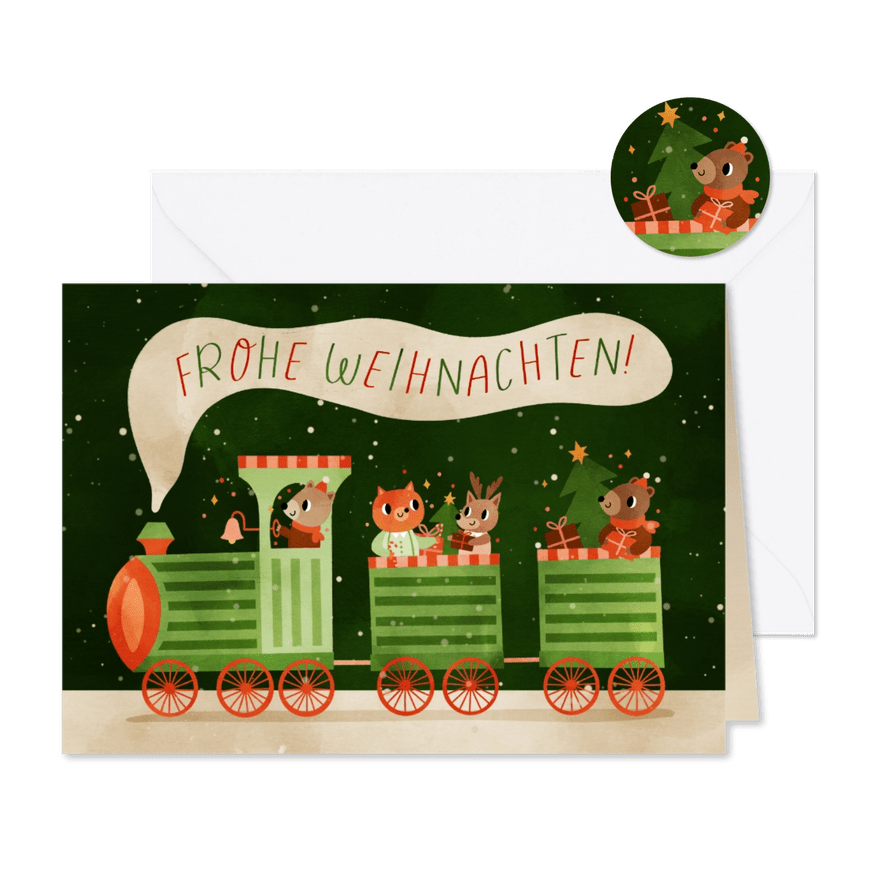 Weihnachtsgrußkarte lustiger Zug mit Tieren - Karteneindruck