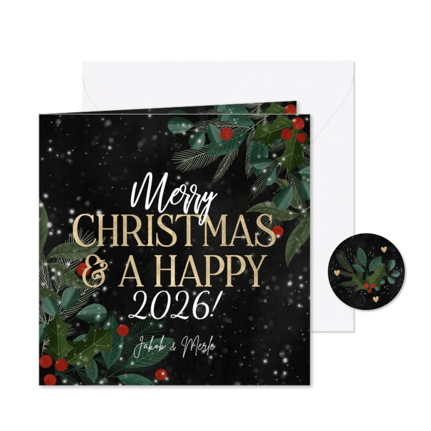 Weihnachtsgrußkarte mit Zweigen & Typografie - Karteneindruck