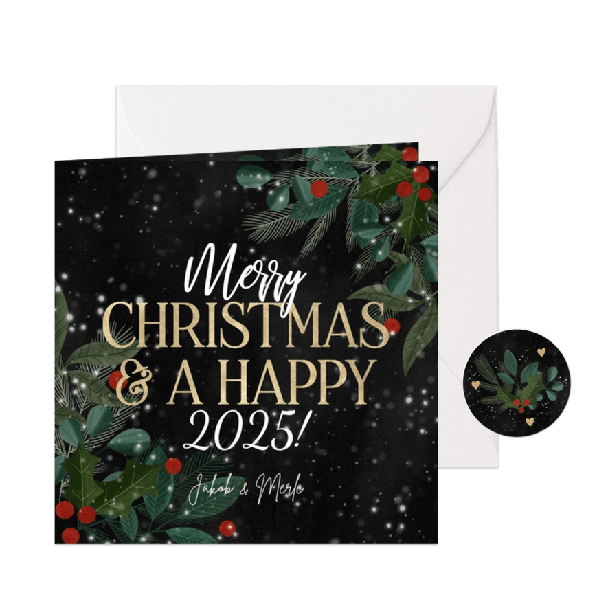 Weihnachtsgrußkarte mit Zweigen & Typografie - Karteneindruck
