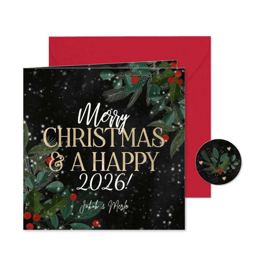 Weihnachtsgrußkarte mit Zweigen & Typografie - Karteneindruck