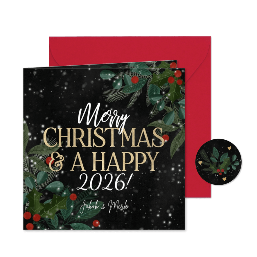 Weihnachtsgrußkarte mit Zweigen & Typografie - Karteneindruck
