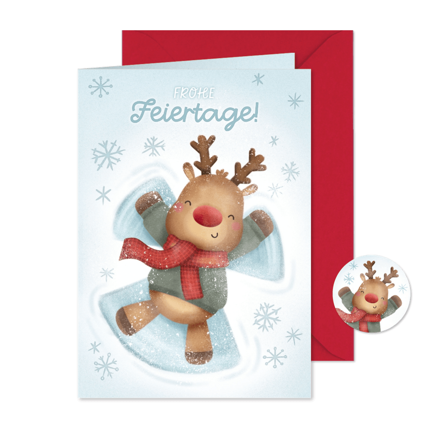 Weihnachtsgrußkarte Rentier Schneeengel - Kartenvorschau