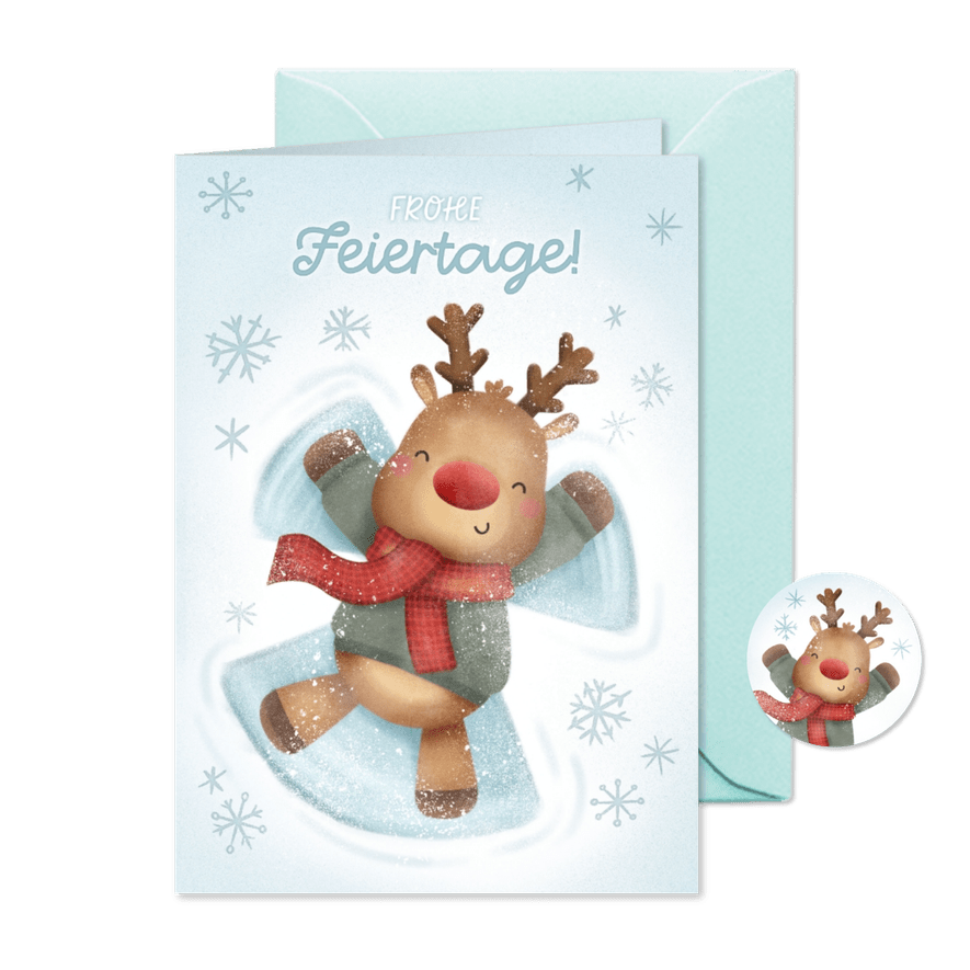 Weihnachtsgrußkarte Rentier Schneeengel - Karteneindruck