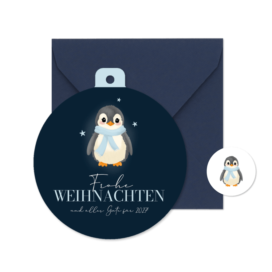 Weihnachtsgrußkarte runde Form Pinguin - Kartenvorschau