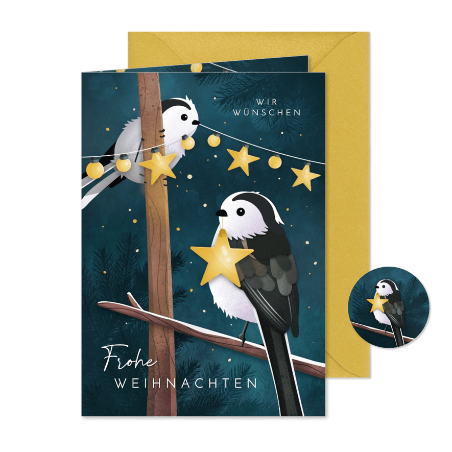 Weihnachtsgrußkarte Vögel mit Lichtern - Karteneindruck
