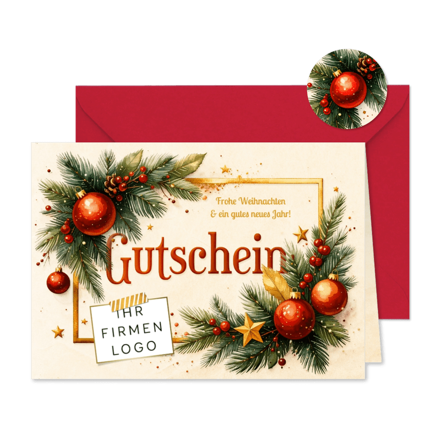 Weihnachtsgutschein mit Logo Tannenzweige und Ornamente - Karteneindruck