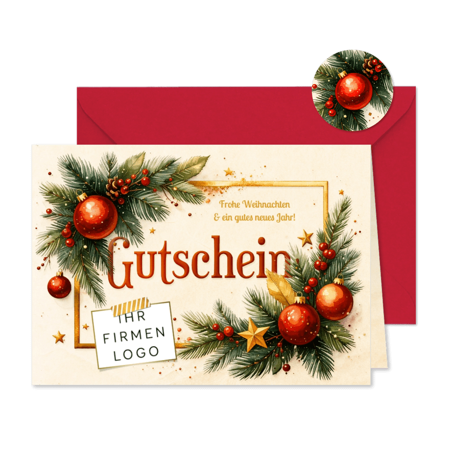 Weihnachtsgutschein mit Logo Tannenzweige und Ornamente - Kartenvorschau