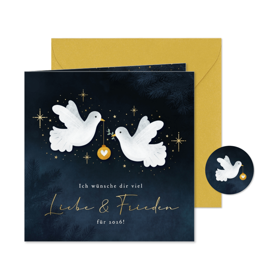 Weihnachtskarte 2 weiße Tauben 'Liebe & Frieden' - Karteneindruck