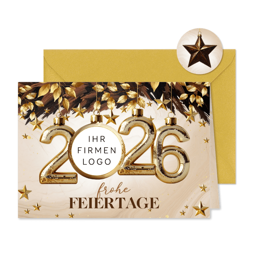 Weihnachtskarte 2026 Folienballons brauner Zweig Logo - Karteneindruck
