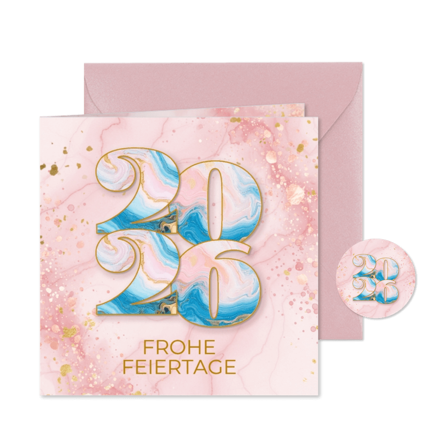 Weihnachtskarte 2026 rosa Marmor Jahreszahl - Karteneindruck
